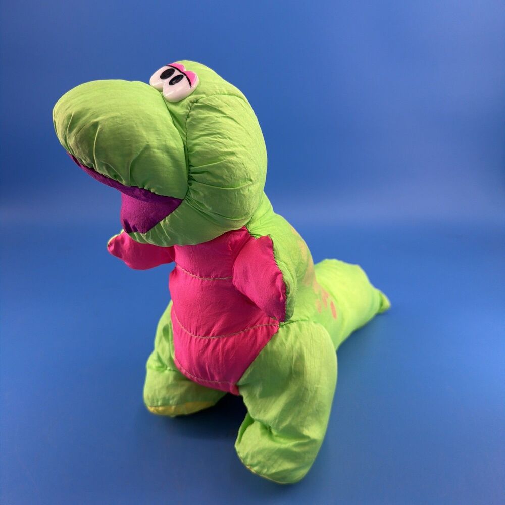 Vintage 1992 Fisher Price Puffalump Dino Roars Dinosaur Plush T-Rex Pink Green